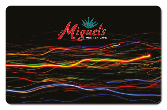 miguels logo on a black background with multiple colored streaks